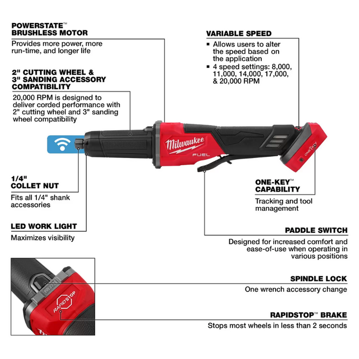 Milwaukee M18 Fuel Variable Speed Braking Die Grinder with Paddle Switch - Tool Only