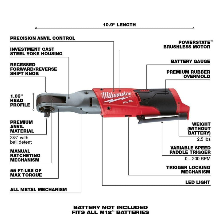 Milwaukee M12 Fuel 3/8" Electric Ratchet - Tool Only