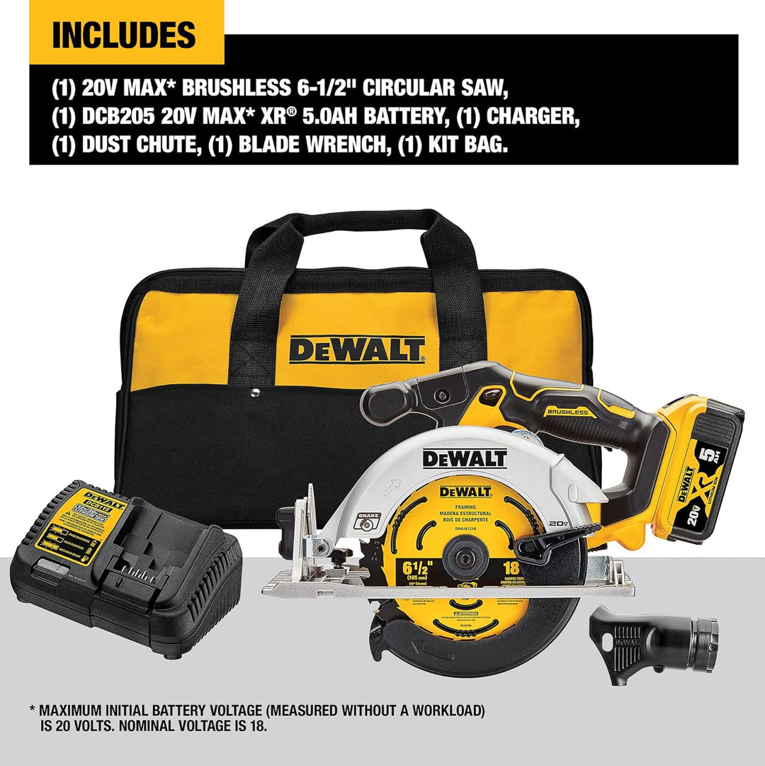 Dewalt 20V MAX XR 6-1/2" Circular Saw (5.0AH) W/ 1 Battery and Bag