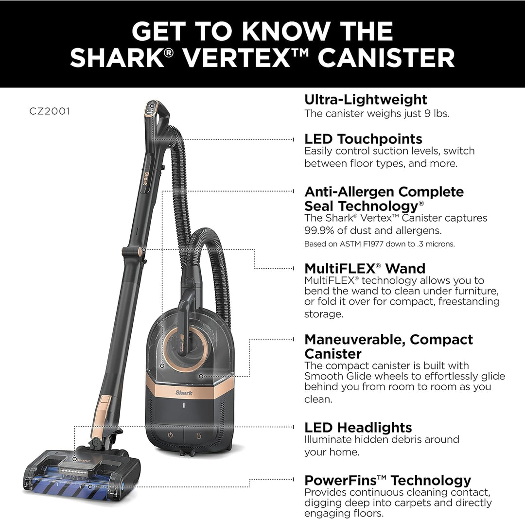 Refurbished Shark CZ2001C Vertex Bagless Corded Canister Vacuum with Duo Clean Power Fins - Black Copper