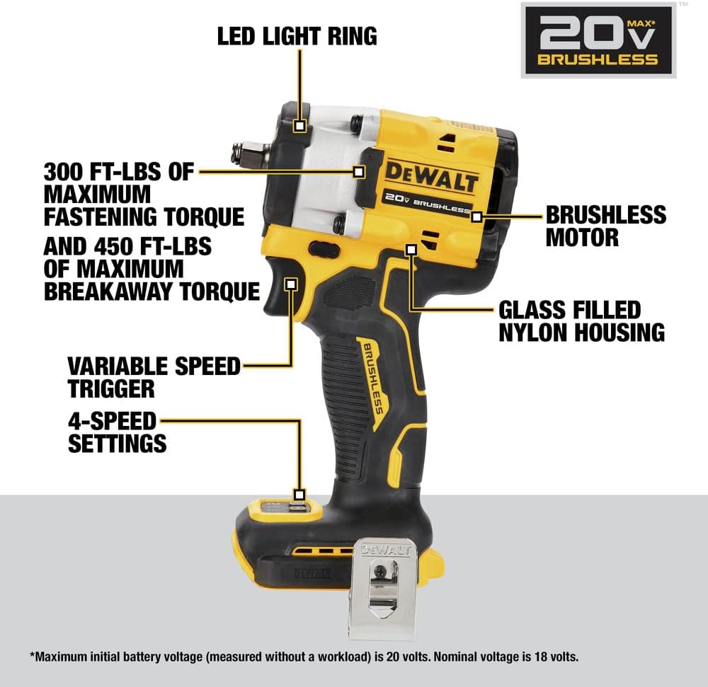 Dewalt  Atomic 20V MAX Brushless Lithium-Ion 3/8 in. Cordless Impact Wrench with Hog Ring Anvil- Tool Only