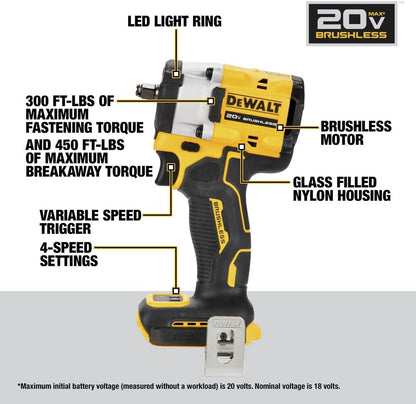 Dewalt  Atomic 20V MAX Brushless Lithium-Ion 3/8 in. Cordless Impact Wrench with Hog Ring Anvil- Tool Only