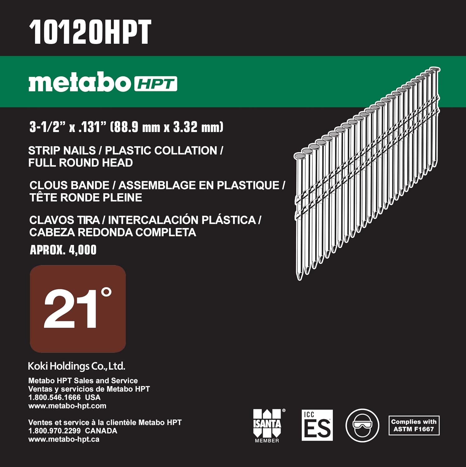 Metabo HPT Clous pour charpente à tête ronde 3-1/2" x .131 - Bande de base brillante - 4000 pièces