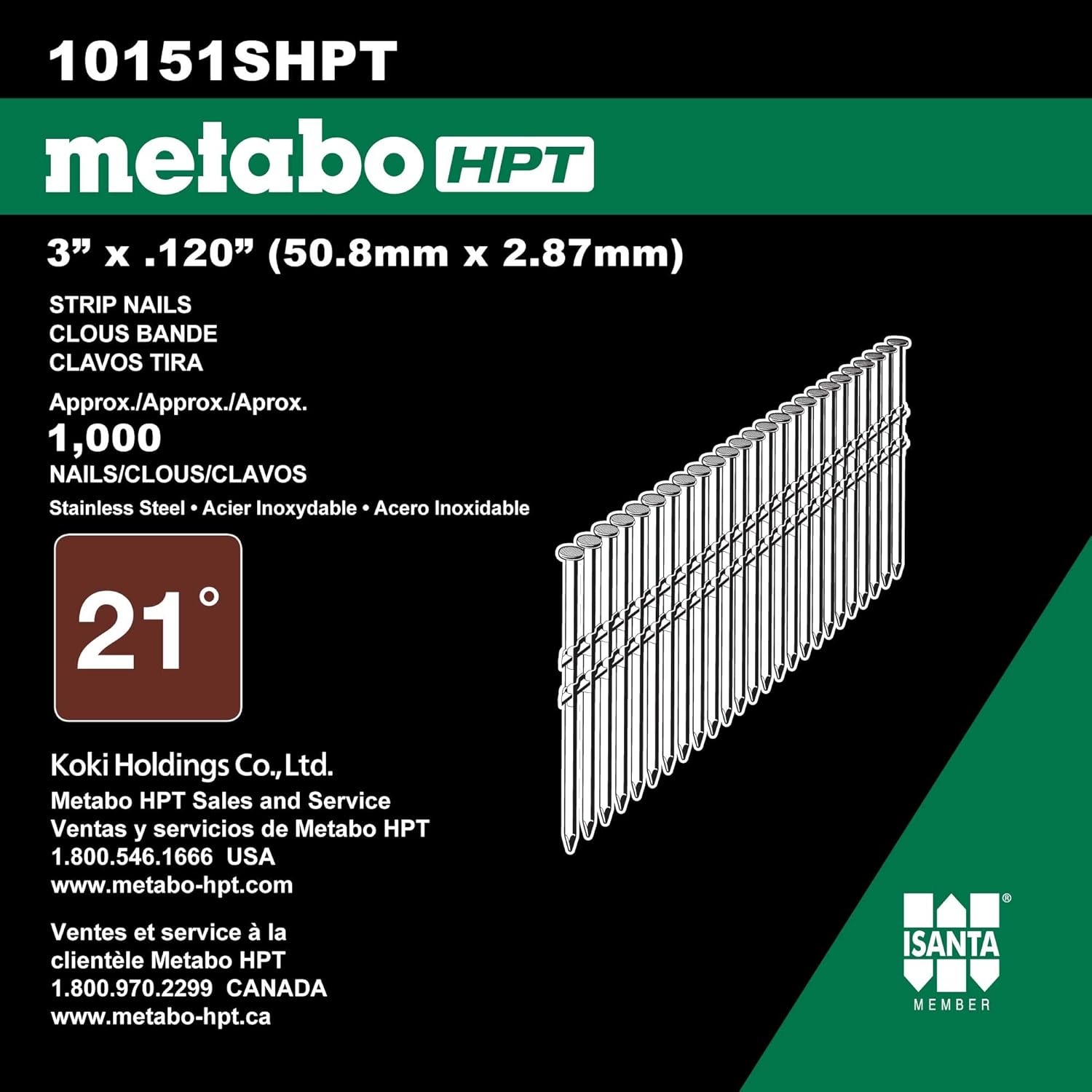 Metabo HPT 3" x .120 Clous à tête ronde en acier inoxydable pour charpente - 1000 pièces