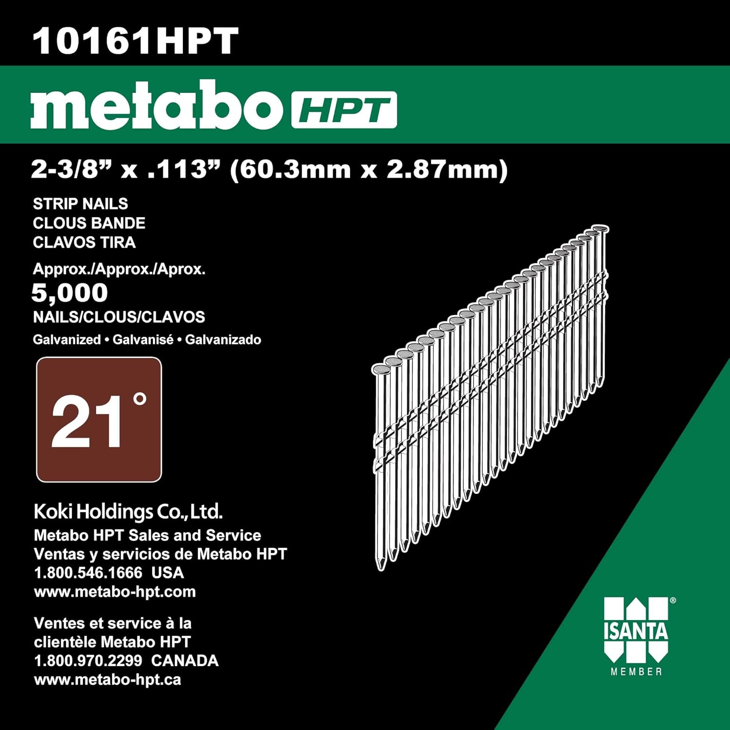 Metabo HPT Clous pour charpente à tête ronde 2-3/8" x .113 - 21 degrés - tige annulaire - 5000 pièces
