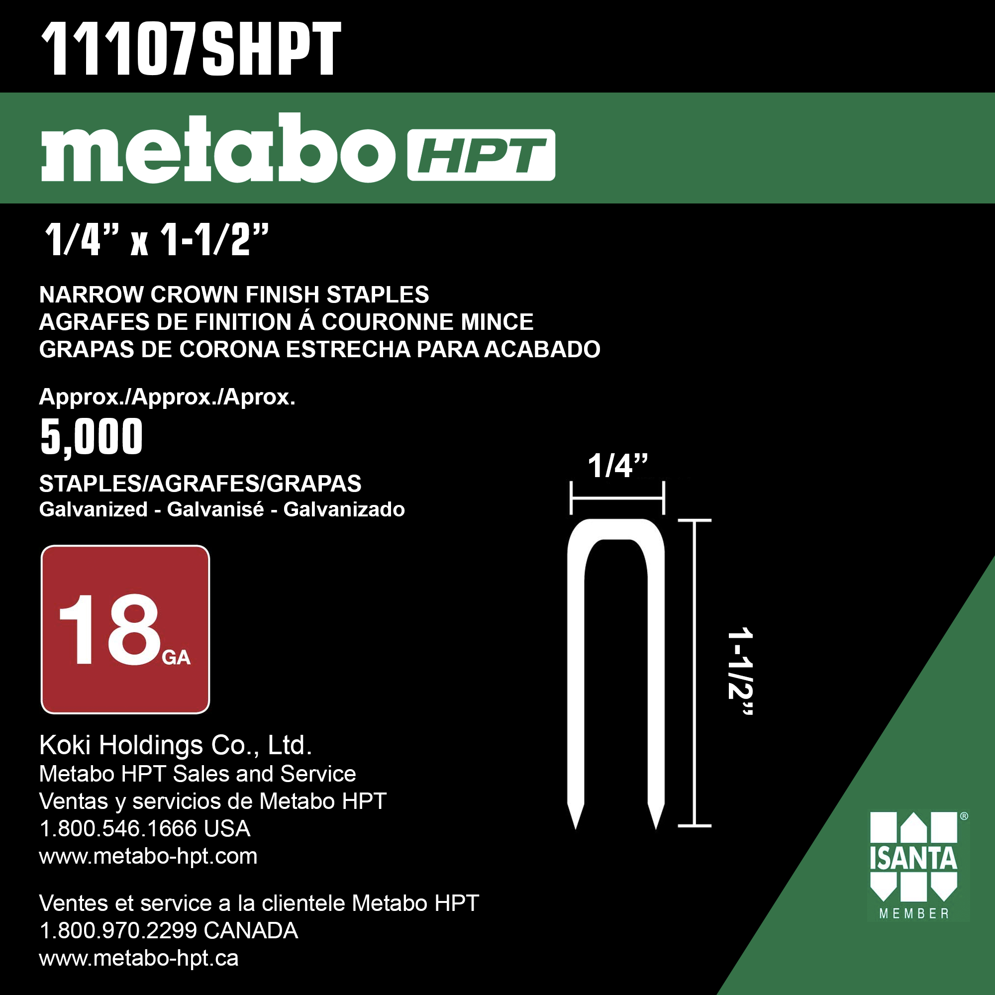 Metabo HPT Finish Staples 1/4" x 1-1/2" 18 Gauge - Electro Galvanized - 5000 Count