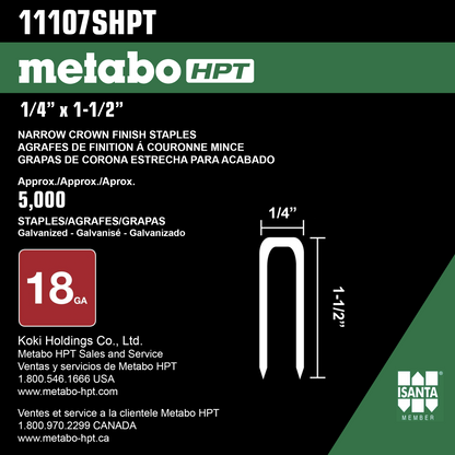 Metabo HPT Finish Staples 1/4" x 1-1/2" 18 Gauge - Electro Galvanized - 5000 Count