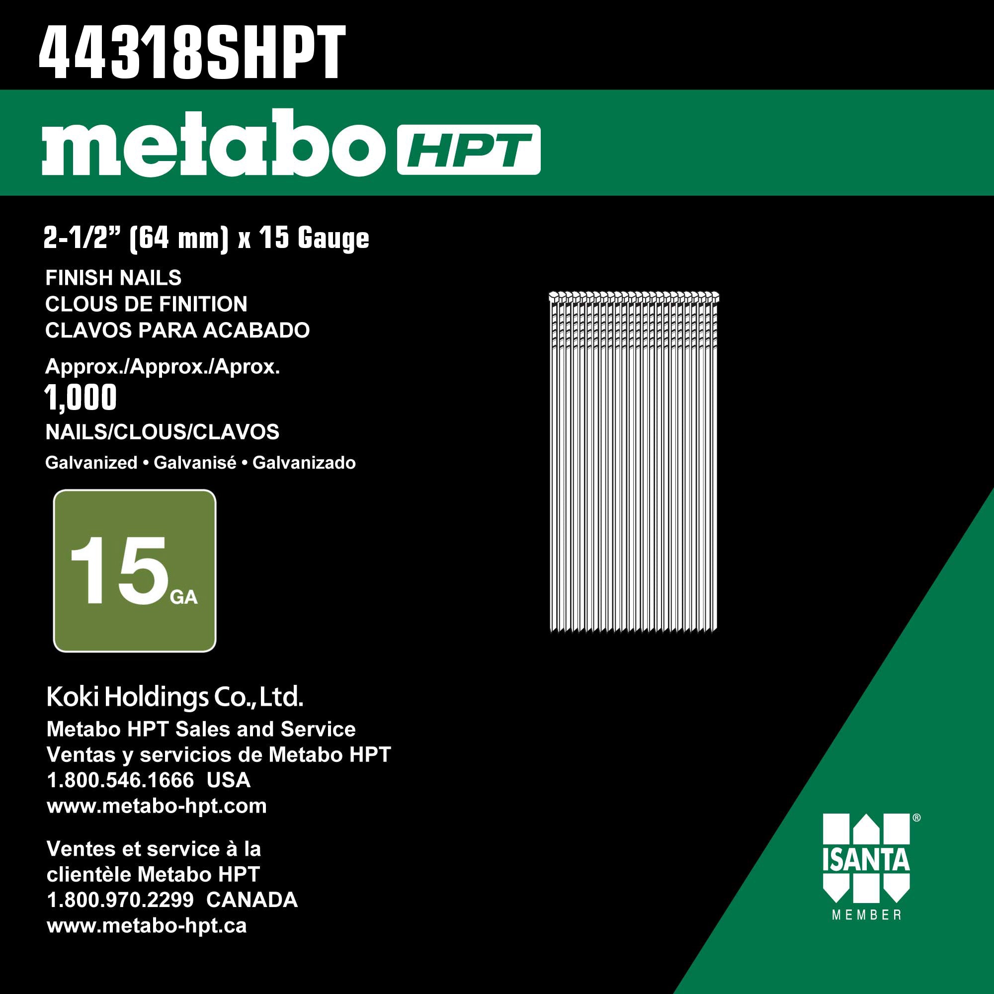 Metabo HPT Clous de finition en acier inoxydable 2-1/2" x 15 - 1000 pièces