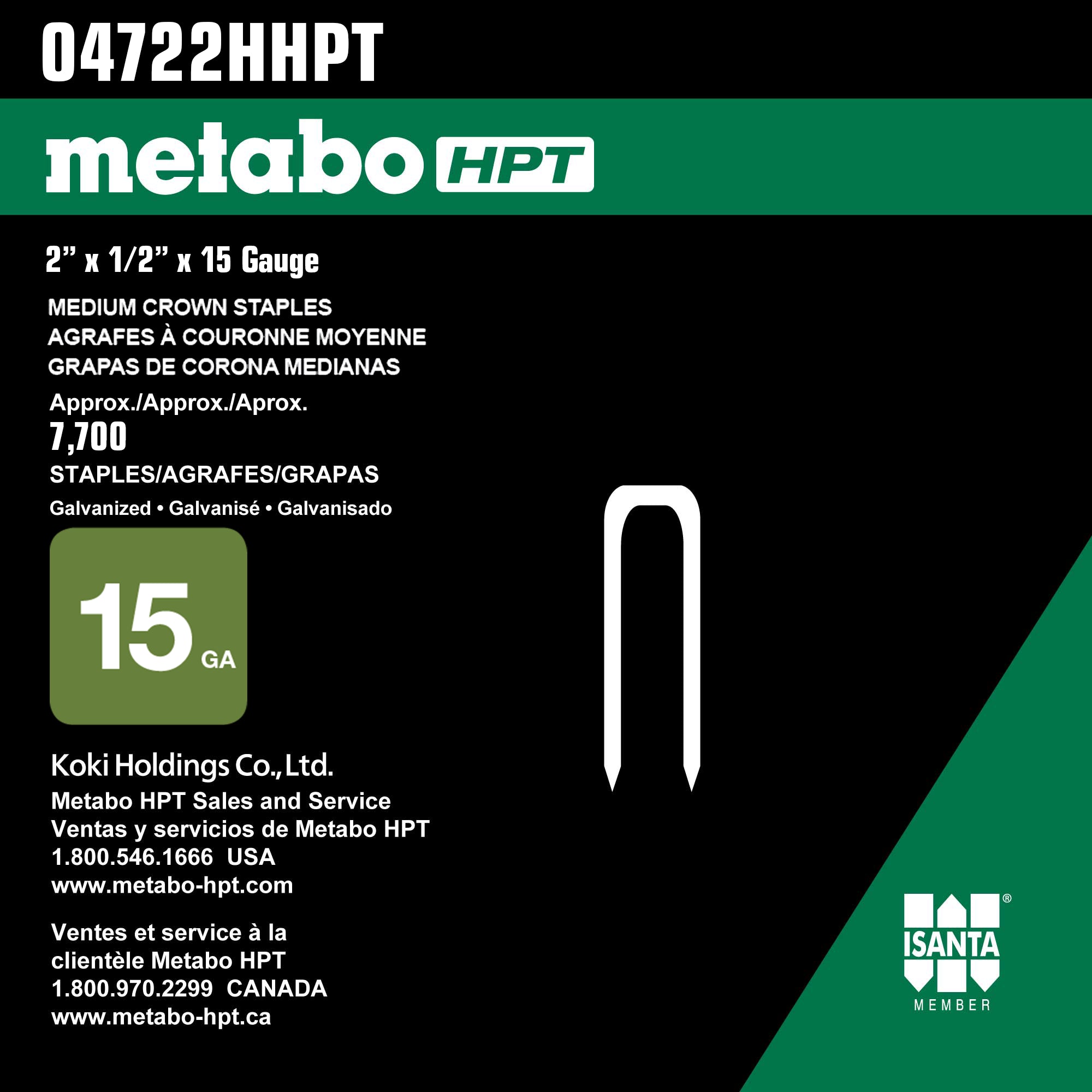 Metabo HPT 2" x 15 GA Agrafes galvanisées pour parquet pour N5010AB - 7700 pièces