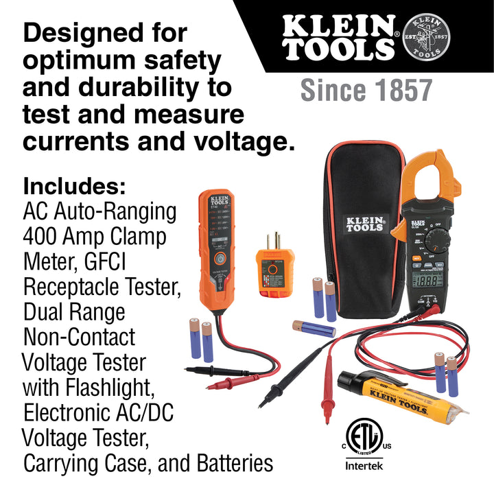 Klein Tools Electrical Voltage Test Kit with Clamp Meter Three Testers  Test Leads Pouch and Batteries