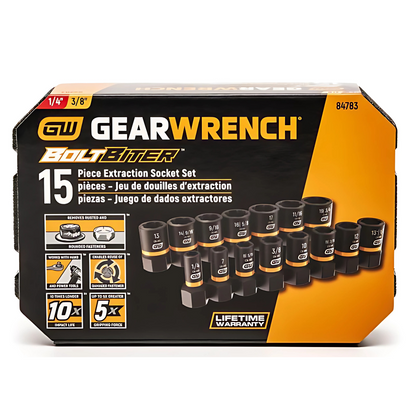 Gearwrench 1/4" & 3/8" Drive Bolt Biter Impact Extraction Socket Set - 15 Piece