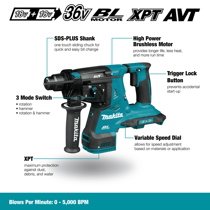 Makita 18VX2 LXT Brushless 1-1/8" Rotary Hammer SDS-Plus - Tool Only
