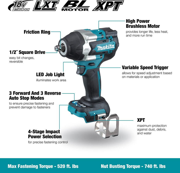 Makita 18v LXT Brushless Cordless 1/2" Variable 4-Speed Impact Wrench - Tool Only