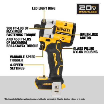 Dewalt Atomic 20V Max 1/2" Cordless Impact Wrench with Hog Ring Anvil - Tool Only
