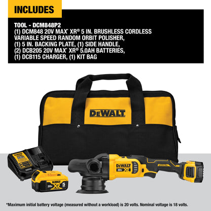 Dewalt 20V MAX XR 5" Kit de polisseuse à orbite aléatoire à vitesse variable avec 2 batteries et un sac