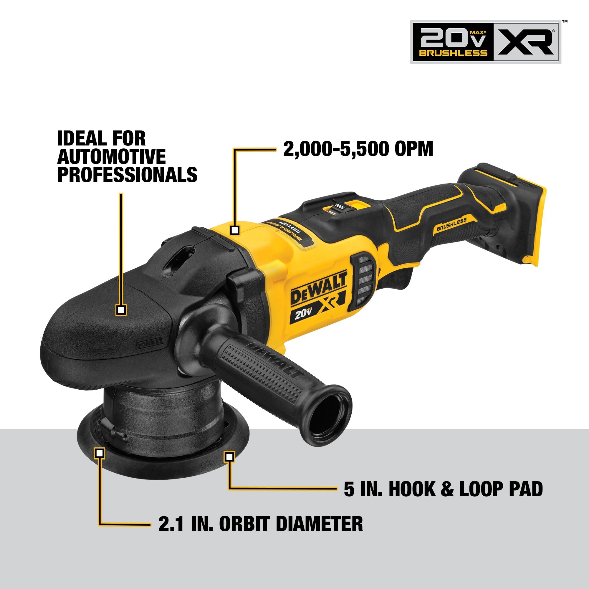 Dewalt 20V MAX XR 5" Kit de polisseuse à orbite aléatoire à vitesse variable avec 2 batteries et un sac