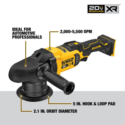 Dewalt 20V MAX XR 5" Kit de polisseuse à orbite aléatoire à vitesse variable avec 2 batteries et un sac