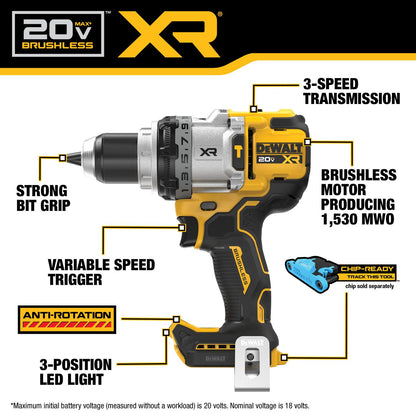 Dewalt 20V Max XR 1/2" Brushless Cordless 3 Speed Hammer Drill Kit with Powerpack