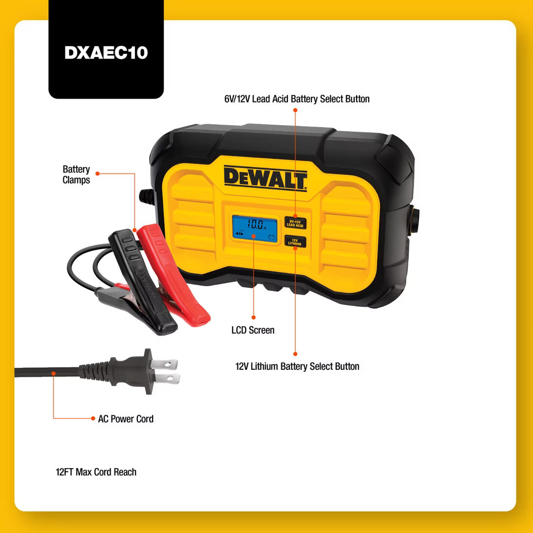 Dewalt Professional 10 Amp Battery Charger with Battery Maintainer (Chargeur de batterie professionnel de 10 ampères avec dispositif de maintien de la batterie)