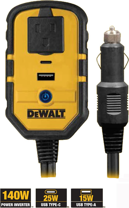 Dewalt Power Inverter 140W Car Converter 12V DC To 120V AC Power Outlet