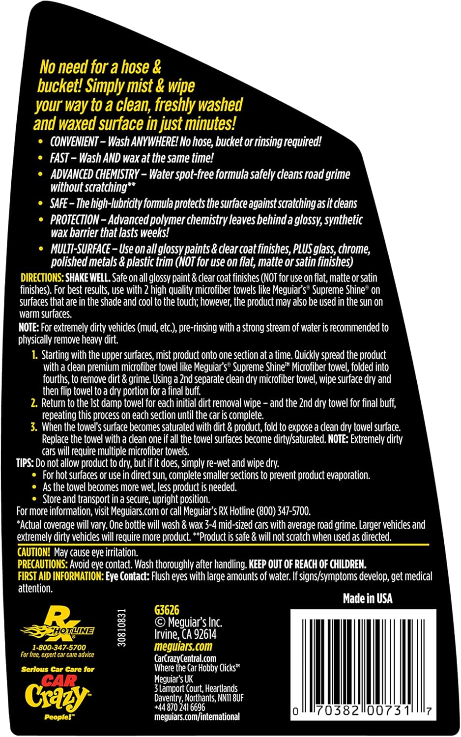 Meguiars Car Wash G3626 Ultimate Waterless Wash & Wax Scratch-Free Cleaning Spray