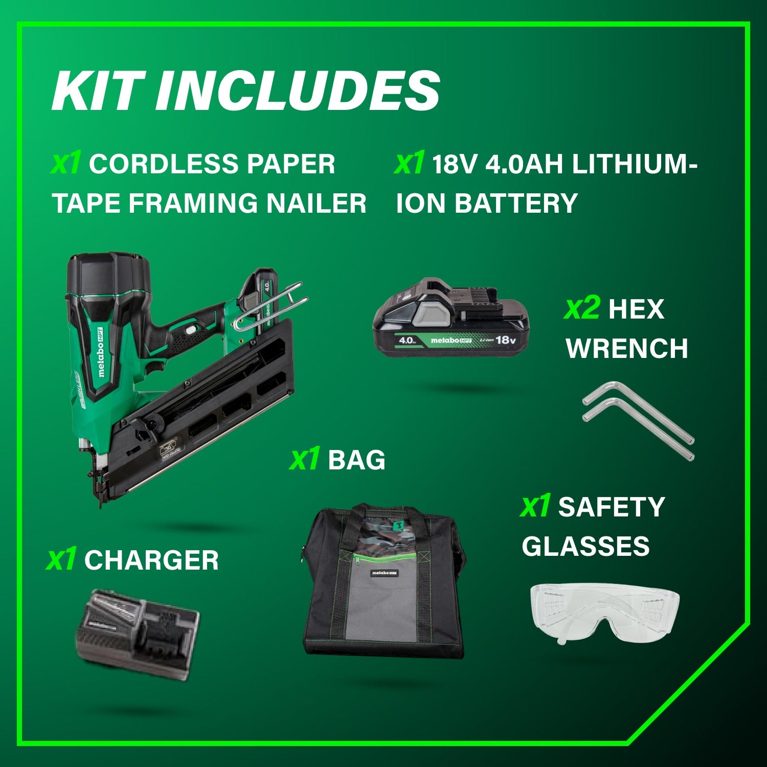 Metabo HPT 18V MultiVolt Cordless 30° Paper Tape Framing Nailer Kit