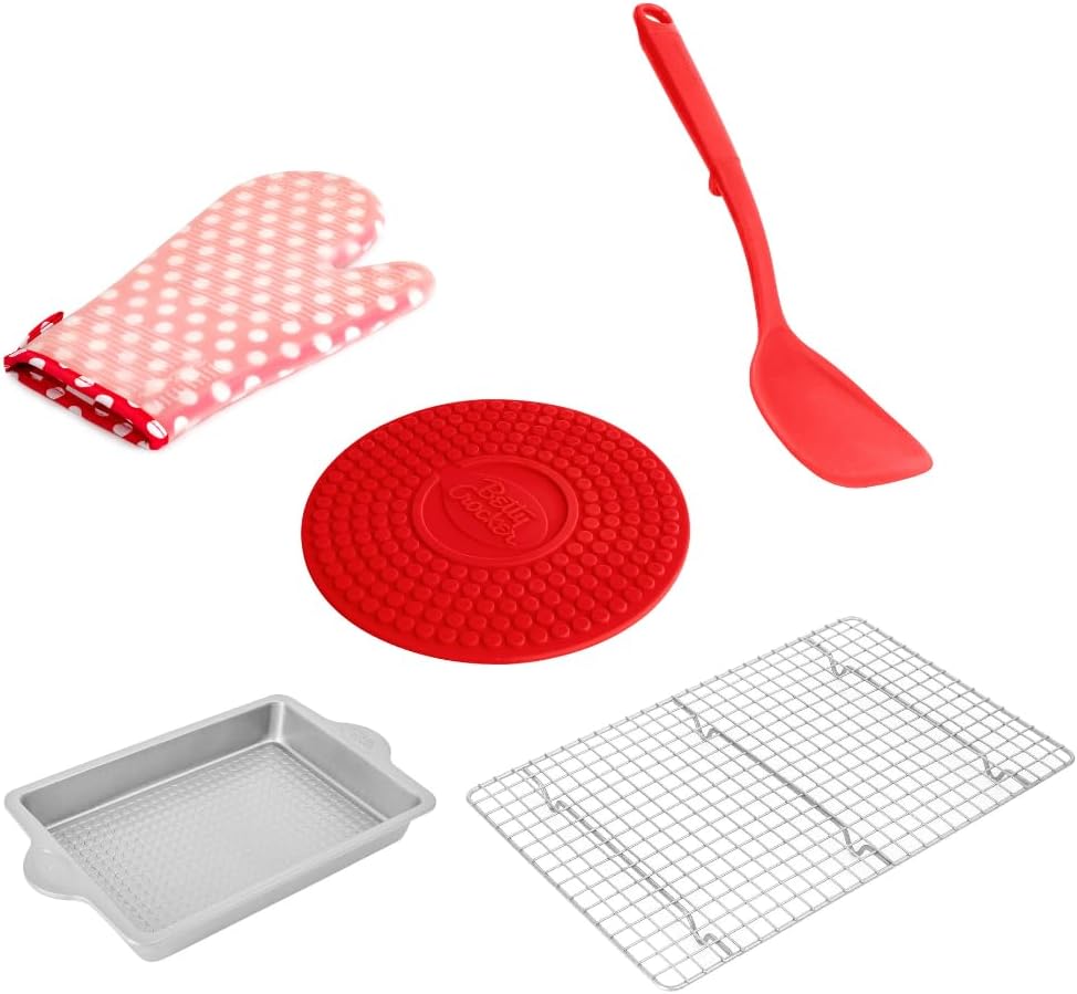 Betty Crocker Chef's Starter with Oven Mitt Rectangular Pan Silicone Trivet Brush Turner Cooling & Icing Rack - Bundle